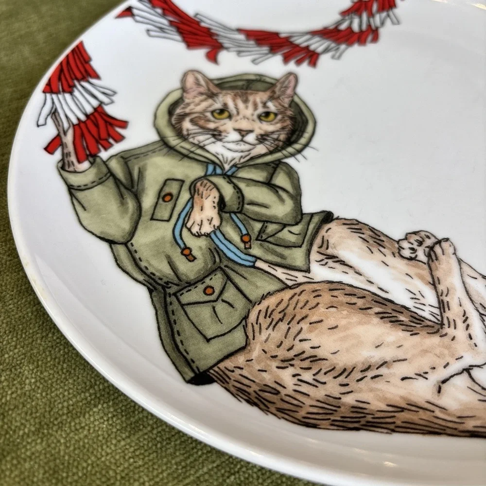 West Elm Rachel Kozlowski Dapper Animal Holiday‎ Cat Set Of 2 Salad Plates 8.5